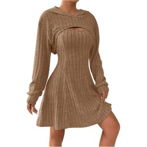 imageMakeMeChic Womens Two Piece Outfits Rib Knit Hooded Long Sleeve Crop Top and Flared Short Tank Dress SetBrown
