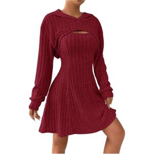 imageMakeMeChic Womens Two Piece Outfits Rib Knit Hooded Long Sleeve Crop Top and Flared Short Tank Dress SetBurgundy