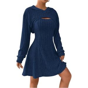 imageMakeMeChic Womens Two Piece Outfits Rib Knit Hooded Long Sleeve Crop Top and Flared Short Tank Dress SetDark Blue