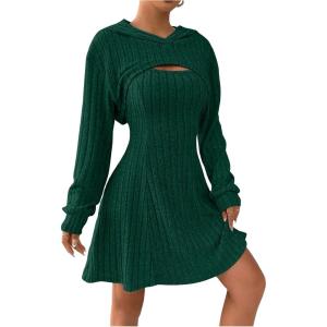 imageMakeMeChic Womens Two Piece Outfits Rib Knit Hooded Long Sleeve Crop Top and Flared Short Tank Dress SetDark Green