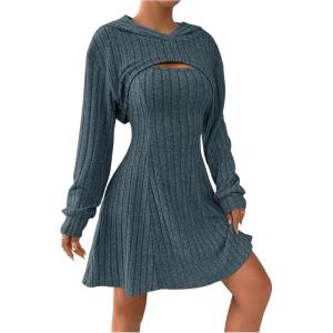 imageMakeMeChic Womens Two Piece Outfits Rib Knit Hooded Long Sleeve Crop Top and Flared Short Tank Dress SetDusty Blue