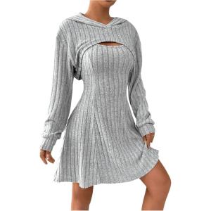 imageMakeMeChic Womens Two Piece Outfits Rib Knit Hooded Long Sleeve Crop Top and Flared Short Tank Dress SetGrey