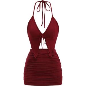 imageMakeMeChic Womens Y2K Skirt Set Leopard Print Tie Back Halter Crop Top and Ruched Mini Skirt Outfits SetBurgundy