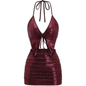 imageMakeMeChic Womens Y2K Skirt Set Leopard Print Tie Back Halter Crop Top and Ruched Mini Skirt Outfits SetBurgundy a