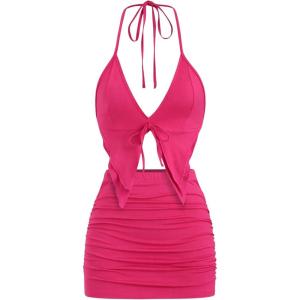imageMakeMeChic Womens Y2K Skirt Set Leopard Print Tie Back Halter Crop Top and Ruched Mini Skirt Outfits SetHot Pink