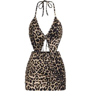 imageMakeMeChic Womens Y2K Skirt Set Leopard Print Tie Back Halter Crop Top and Ruched Mini Skirt Outfits SetMulticolor