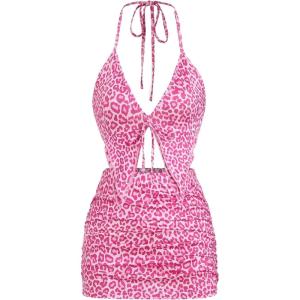 imageMakeMeChic Womens Y2K Skirt Set Leopard Print Tie Back Halter Crop Top and Ruched Mini Skirt Outfits SetPink Leopard