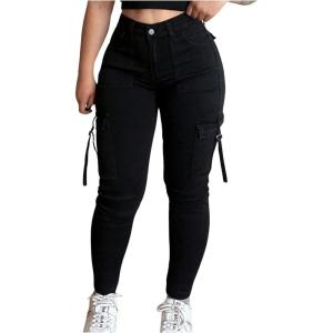 imageMakeMeChic Womens Zipper Fly Cargo Jeans Skinny Y2K Denim Pants Teousers with PocketsBlack