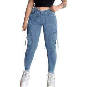 imageMakeMeChic Womens Zipper Fly Cargo Jeans Skinny Y2K Denim Pants Teousers with PocketsLight Wash