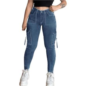 imageMakeMeChic Womens Zipper Fly Cargo Jeans Skinny Y2K Denim Pants Teousers with PocketsMedium Wash