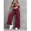 imageMakeMeChic Womens Denim Raw Wide Leg Trousers Straight Loose Baggy Y2K Jeans with PocketBurgundy
