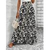 imageMakeMeChic Womens Floral Wide Leg Trousers Elastic High Waist Frill Trim Loose Long Palazzo PantsBlack
