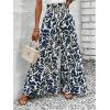 imageMakeMeChic Womens Floral Wide Leg Trousers Elastic High Waist Frill Trim Loose Long Palazzo PantsBlue
