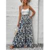 imageMakeMeChic Womens Floral Wide Leg Trousers Elastic High Waist Frill Trim Loose Long Palazzo PantsBlue