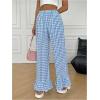 imageMakeMeChic Womens Y2K Gingham Wide Leg Pants Elastic Waist Ruffle Hem Loose Trousers LoungewearBlue and White