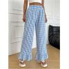 imageMakeMeChic Womens Y2K Gingham Wide Leg Pants Elastic Waist Ruffle Hem Loose Trousers LoungewearBlue and White