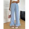 imageMakeMeChic Womens Y2K Gingham Wide Leg Pants Elastic Waist Ruffle Hem Loose Trousers LoungewearBlue and White