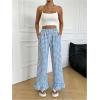 imageMakeMeChic Womens Y2K Gingham Wide Leg Pants Elastic Waist Ruffle Hem Loose Trousers LoungewearBlue and White