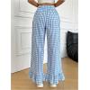 imageMakeMeChic Womens Y2K Gingham Wide Leg Pants Elastic Waist Ruffle Hem Loose Trousers LoungewearBlue and White