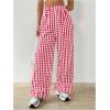 imageMakeMeChic Womens Y2K Gingham Wide Leg Pants Elastic Waist Ruffle Hem Loose Trousers LoungewearRed and White