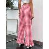 imageMakeMeChic Womens Y2K Gingham Wide Leg Pants Elastic Waist Ruffle Hem Loose Trousers LoungewearRed and White