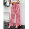 imageMakeMeChic Womens Y2K Gingham Wide Leg Pants Elastic Waist Ruffle Hem Loose Trousers LoungewearRed and White