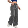 imageMakeMeChic Womens Denim Raw Wide Leg Trousers Straight Loose Baggy Y2K Jeans with PocketDark Grey