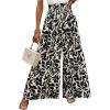 imageMakeMeChic Womens Floral Wide Leg Trousers Elastic High Waist Frill Trim Loose Long Palazzo PantsBlack