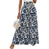 imageMakeMeChic Womens Floral Wide Leg Trousers Elastic High Waist Frill Trim Loose Long Palazzo PantsBlue