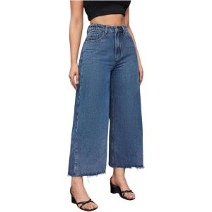 imageMakeMeChic Womens Denim Raw Wide Leg Trousers Straight Loose Baggy Y2K Jeans with PocketDark Wash