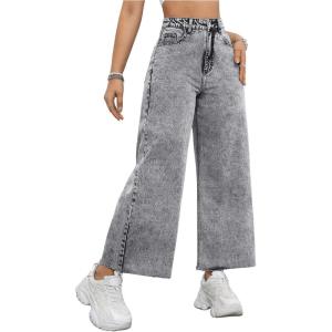 imageMakeMeChic Womens Denim Raw Wide Leg Trousers Straight Loose Baggy Y2K Jeans with PocketGrey