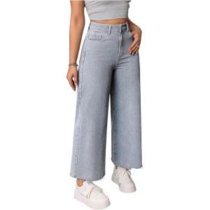imageMakeMeChic Womens Denim Raw Wide Leg Trousers Straight Loose Baggy Y2K Jeans with PocketLight Grey