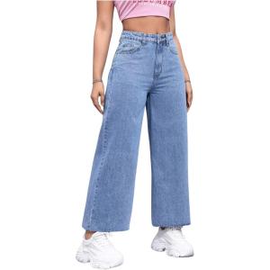 imageMakeMeChic Womens Denim Raw Wide Leg Trousers Straight Loose Baggy Y2K Jeans with PocketMedium Wash