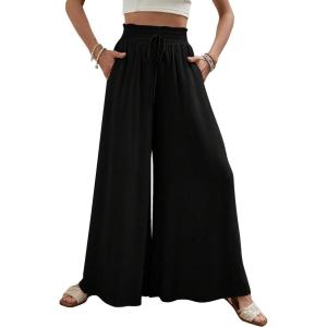 imageMakeMeChic Womens Floral Wide Leg Trousers Elastic High Waist Frill Trim Loose Long Palazzo PantsBlack a