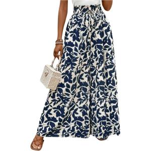 imageMakeMeChic Womens Floral Wide Leg Trousers Elastic High Waist Frill Trim Loose Long Palazzo PantsBlue