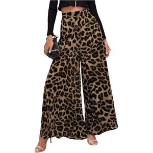 imageMakeMeChic Womens Leopard Print Wide Leg Palazzo Pants Straight Loose Long TrousersMulticolor