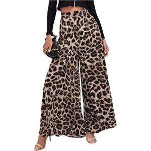 imageMakeMeChic Womens Leopard Print Wide Leg Palazzo Pants Straight Loose Long TrousersMulticolor B