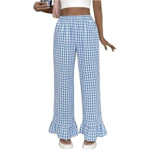imageMakeMeChic Womens Y2K Gingham Wide Leg Pants Elastic Waist Ruffle Hem Loose Trousers LoungewearBlue and White