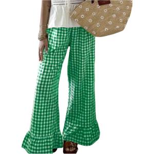 imageMakeMeChic Womens Y2K Gingham Wide Leg Pants Elastic Waist Ruffle Hem Loose Trousers LoungewearDark Green