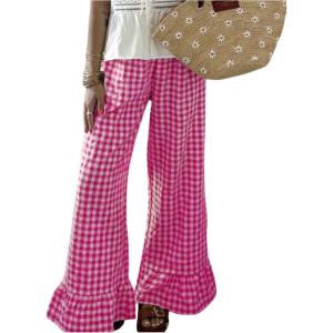 imageMakeMeChic Womens Y2K Gingham Wide Leg Pants Elastic Waist Ruffle Hem Loose Trousers LoungewearHot Pink
