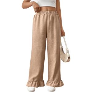imageMakeMeChic Womens Y2K Gingham Wide Leg Pants Elastic Waist Ruffle Hem Loose Trousers LoungewearKhaki