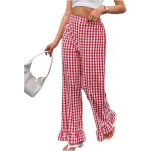 imageMakeMeChic Womens Y2K Gingham Wide Leg Pants Elastic Waist Ruffle Hem Loose Trousers LoungewearRed and White