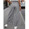 imageMakeMeChic Womens Gingham Palazzo Long Pants Elastic Waist Wide Leg Frill Trim Straight Loose TrousersBlack and White