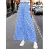 imageMakeMeChic Womens Gingham Palazzo Long Pants Elastic Waist Wide Leg Frill Trim Straight Loose TrousersBlue