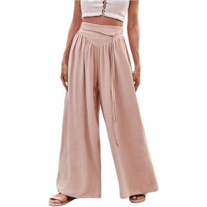 imageMakeMeChic Womens Casual Tummy Control Summer Wide Leg Pants Elastic High Waist Pleated Beach PantsKhaki