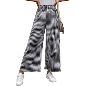 imageMakeMeChic Womens Gingham Palazzo Long Pants Elastic Waist Wide Leg Frill Trim Straight Loose TrousersBlack and White