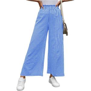 imageMakeMeChic Womens Gingham Palazzo Long Pants Elastic Waist Wide Leg Frill Trim Straight Loose TrousersBlue