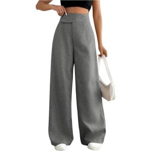 imageMakeMeChic Womens Pleated Wide Leg Pants Asymmetrical Waist Tummy Control TrousersGrey