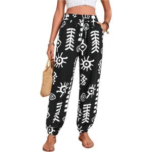 imageMakeMeChic Womens Summer Beach Tropical Printed Pants Hawaiian Palazzo Jogger Pant High Waist TrousersBlack B