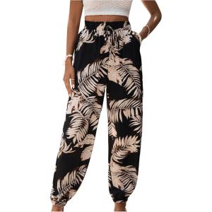 imageMakeMeChic Womens Summer Beach Tropical Printed Pants Hawaiian Palazzo Jogger Pant High Waist TrousersBlack Multi